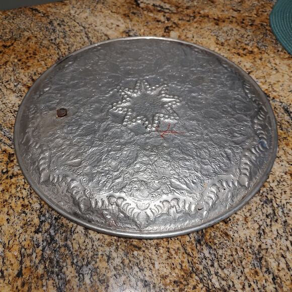 Vintage Handmade Vintage Middle Eastern Round Silver Tray Floral Design - Picture 9 of 16